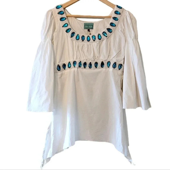 TAJ By Sabrina Crippa Handmade Beaded Bohemian Bell Sleeve Cotton Tunic Blouse S - Picture 1 of 14